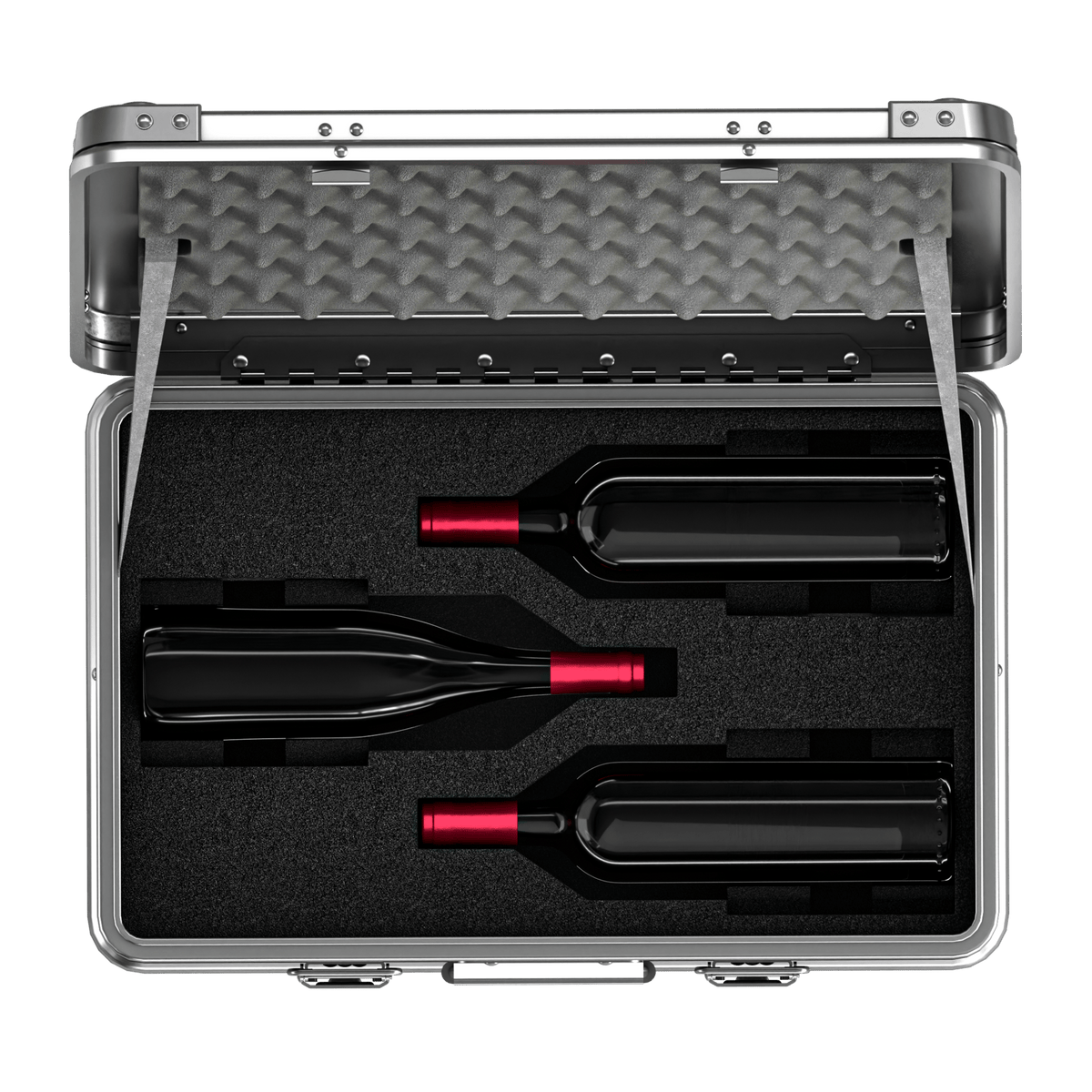 ZARGES 3 Bottle Wine Case open from above, three red-capped bottles nested in black foam