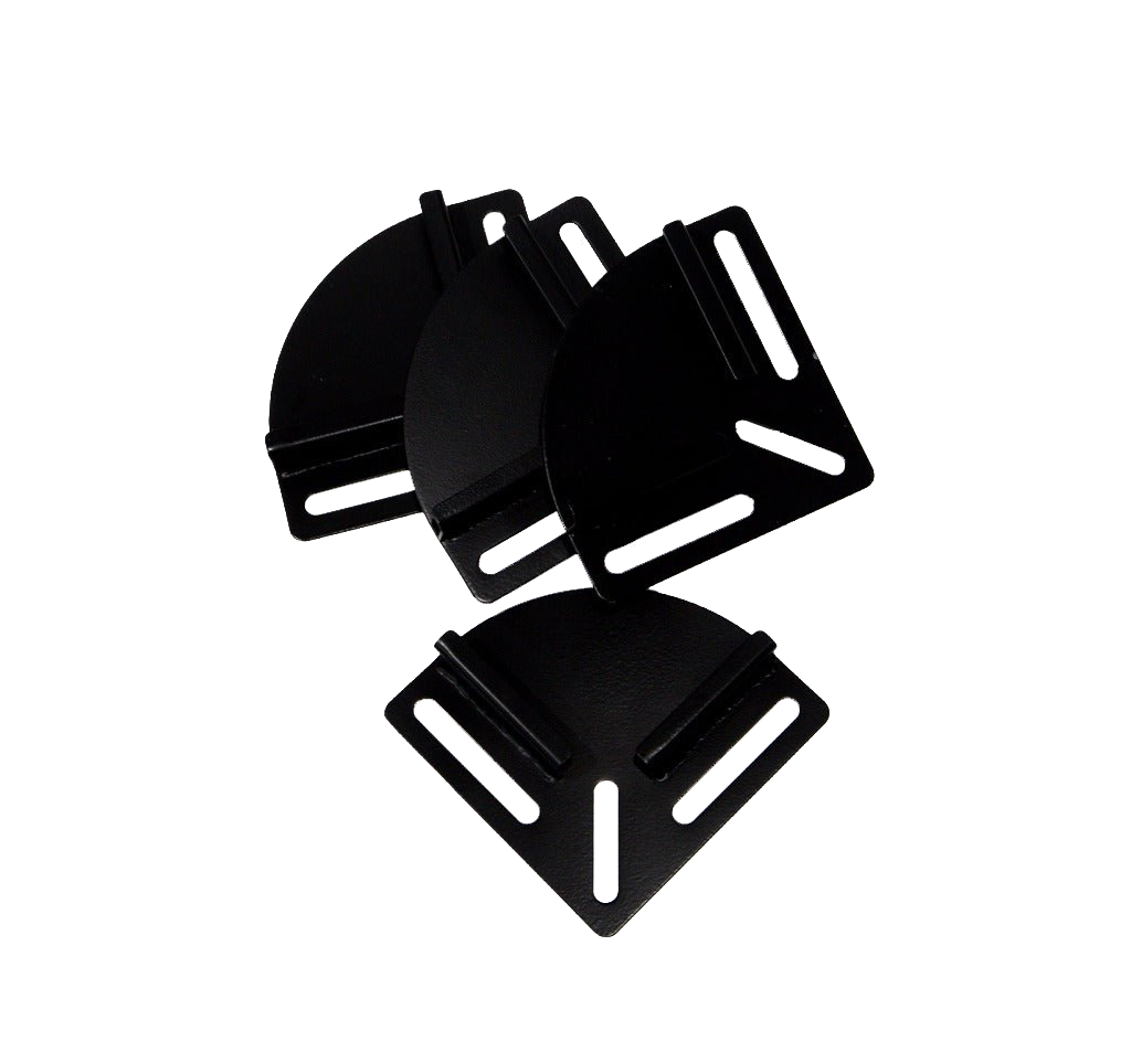 Set of four black ZARGES Mounting Brackets, corner plates with slotted mounting holes