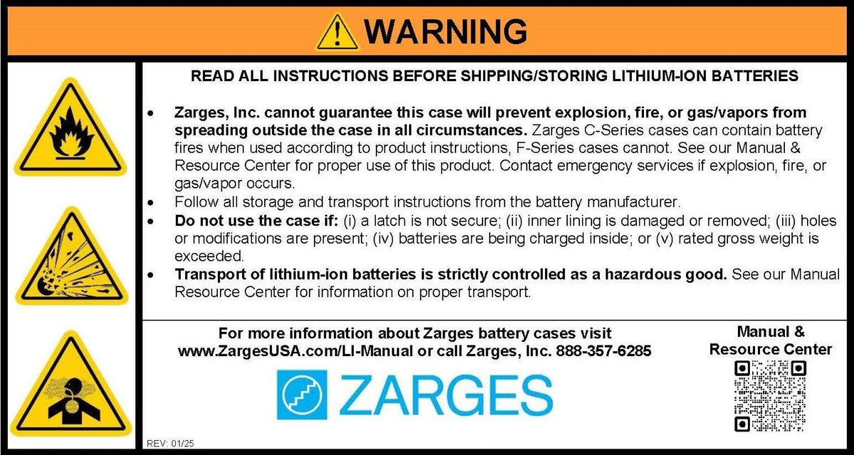 ZARGES battery case warning label: read all instructions before shipping or storing lithium-ion batteries