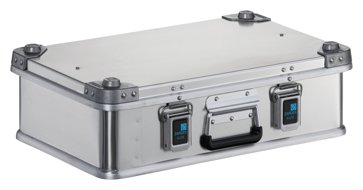 ZARGES K470-40810 aluminum case, closed, three-quarter front view with two latches and carry handle