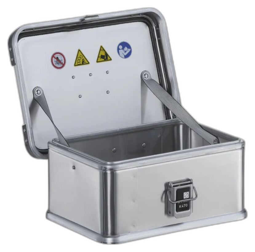 ZARGES K470-40835 aluminum case open and empty, lid held by stay straps, front latch view