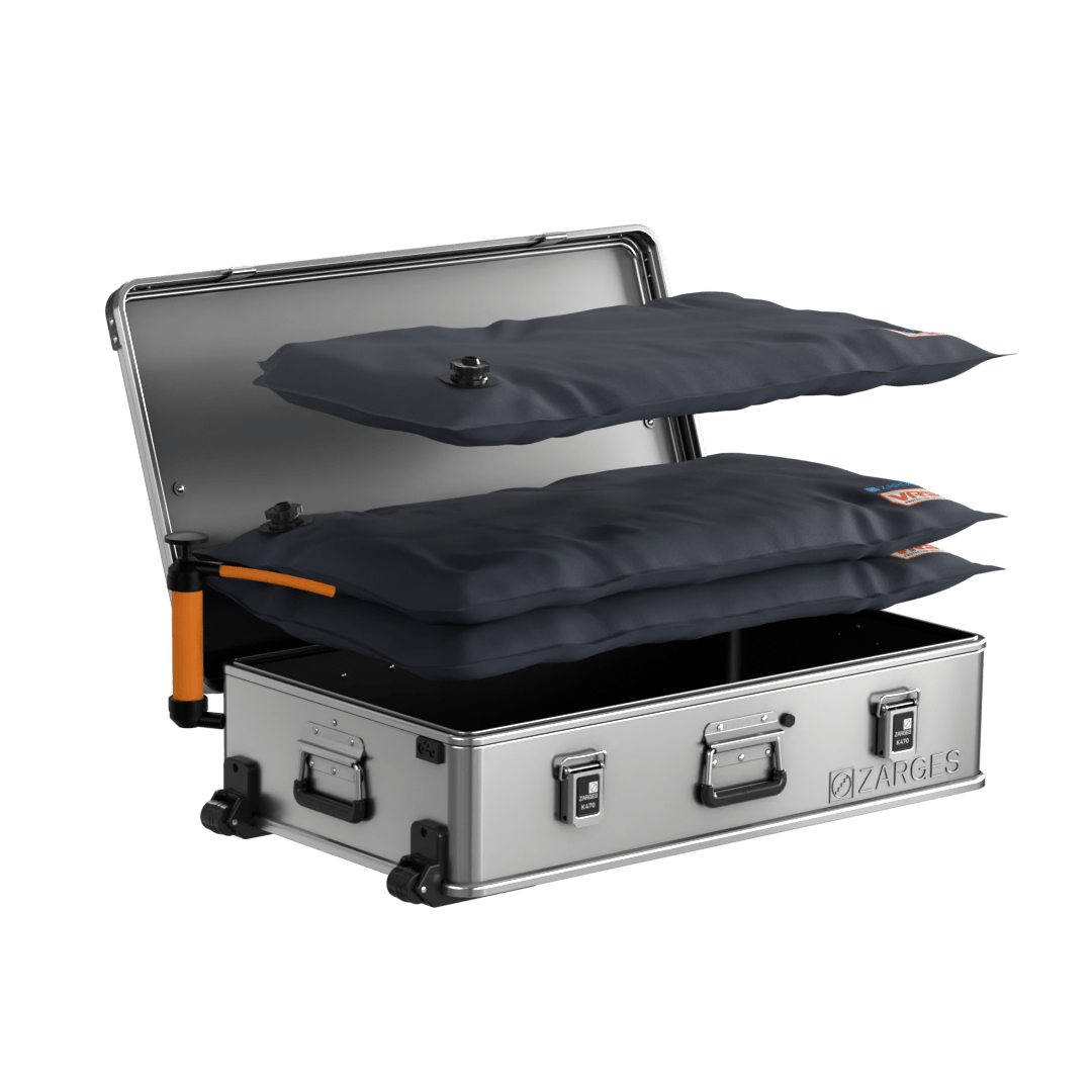 ZARGES KOR Takedown Kit: inflatable KOR panels lifting out of an open wheeled aluminum case