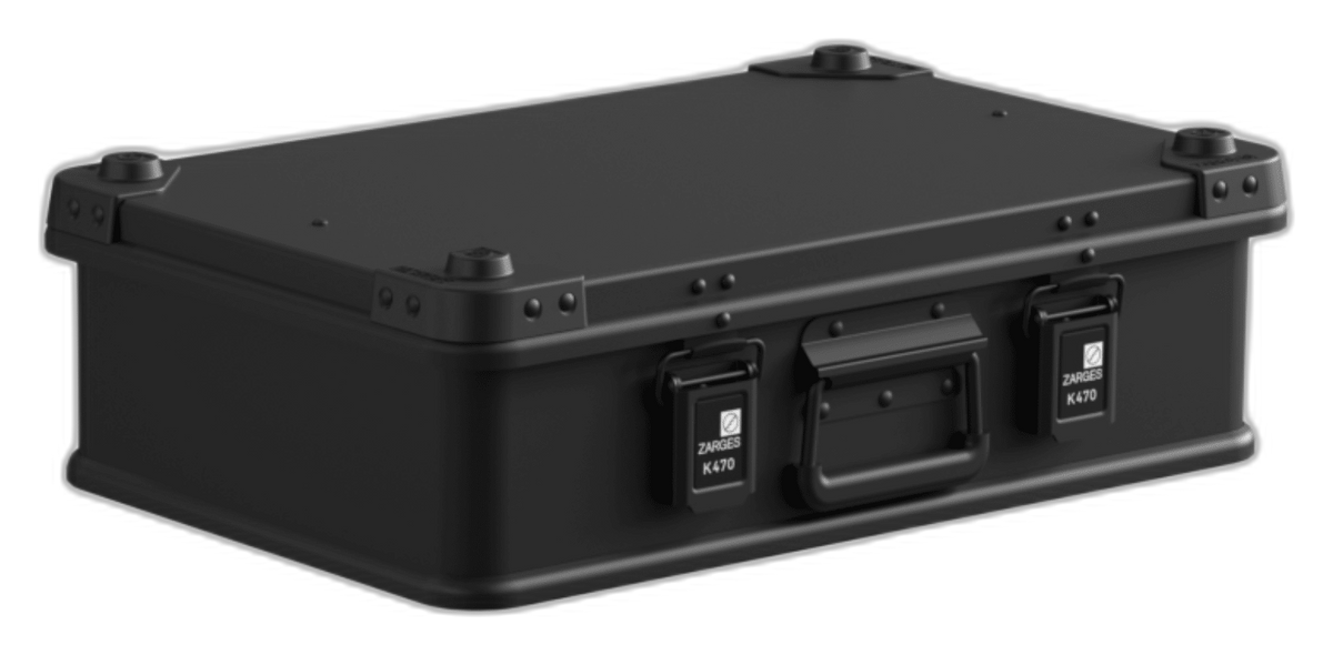 ZARGES K470-Matte Black-31013203 case, closed, front three-quarter view with two latches