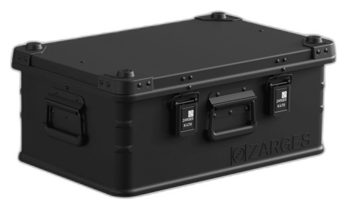 ZARGES K470 Matte Black 31013204 case, closed, front three-quarter view with latches and handles
