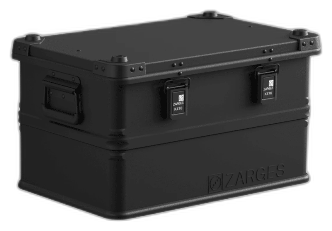 ZARGES K470-Matte Black-31013205 case, closed, front three-quarter view with latches and side handle