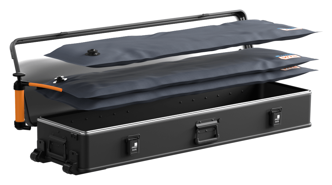 ZARGES Matte Black Single Long Rifle KOR Kit, two inflatable panels and pump above an open black case