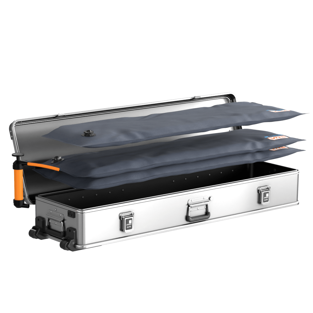 ZARGES Single Long Rifle KOR Kit in an open long wheeled case, gray inflatable cushions with hand pump