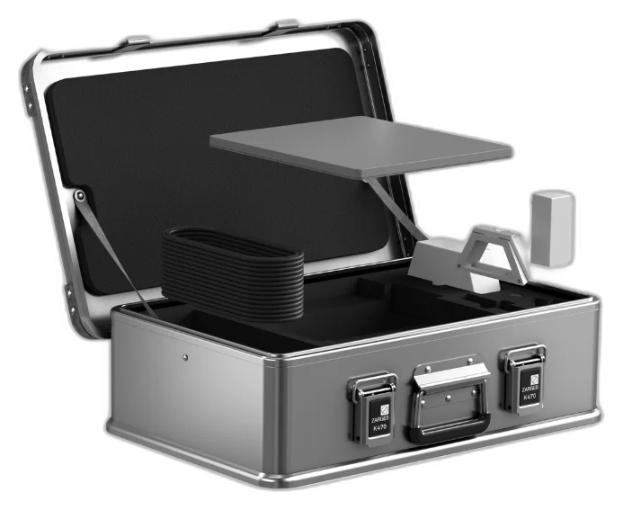 ZARGES Starlink Mini Shuttle Case open, Starlink Mini dish raised above coiled cable and mount in black foam