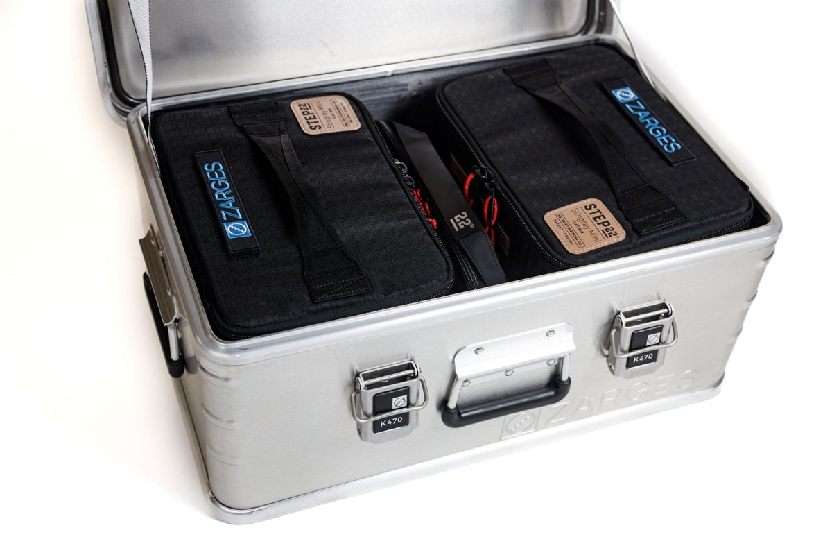 Two Step 22 Stingray Flat Box Minis packed side by side in an open ZARGES K470 aluminum case
