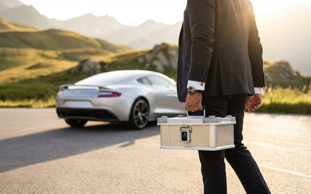 Man in a suit carrying a ZARGES K470-40835 aluminum case past a silver sports car on a mountain road