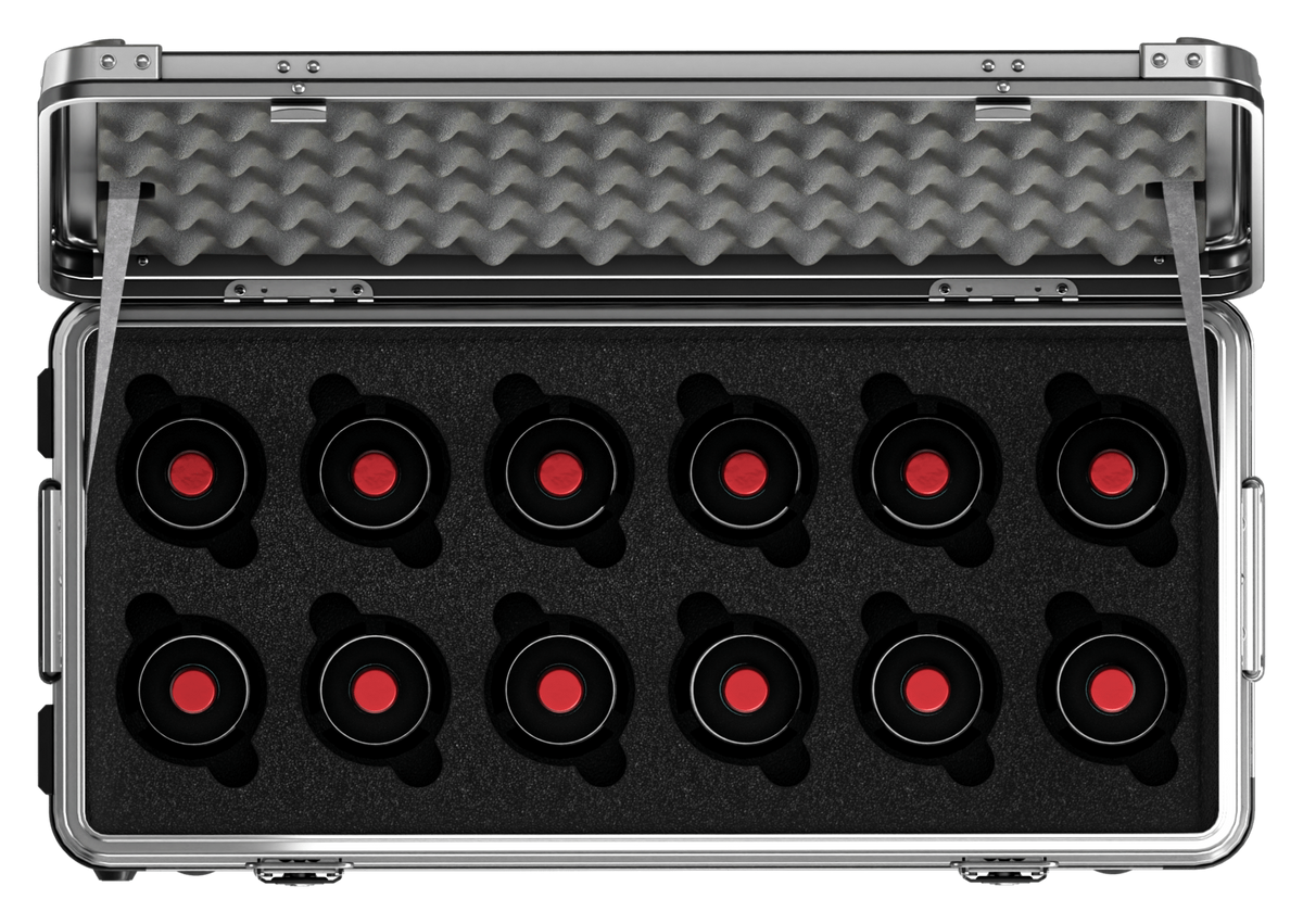 ZARGES 12 Bottle Wine Case open from above, twelve bottles capped up in two rows of black foam