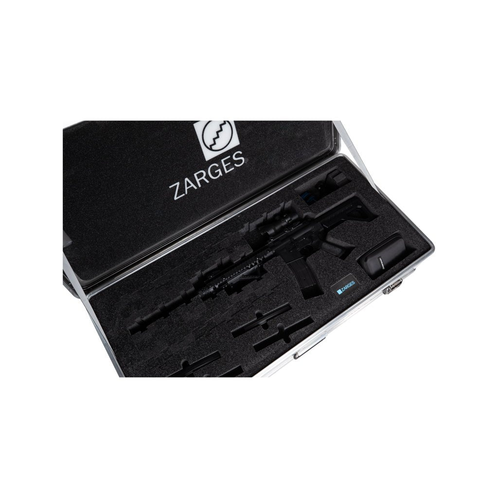 ZARGES AR Case from above, rifle with optic, magazines and accessories set in black foam