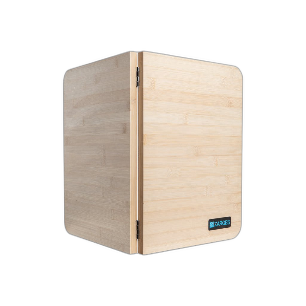 ZARGES Bamboo Travel Top folded closed on its hinges, ZARGES badge on the front panel