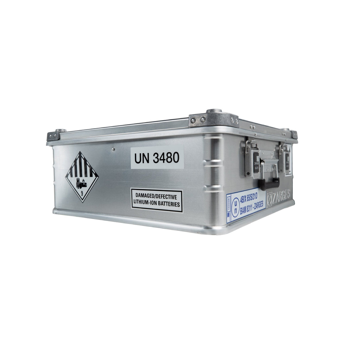 ZARGES C-Series Battery Case-40582, side view with lithium-ion battery shipping labels