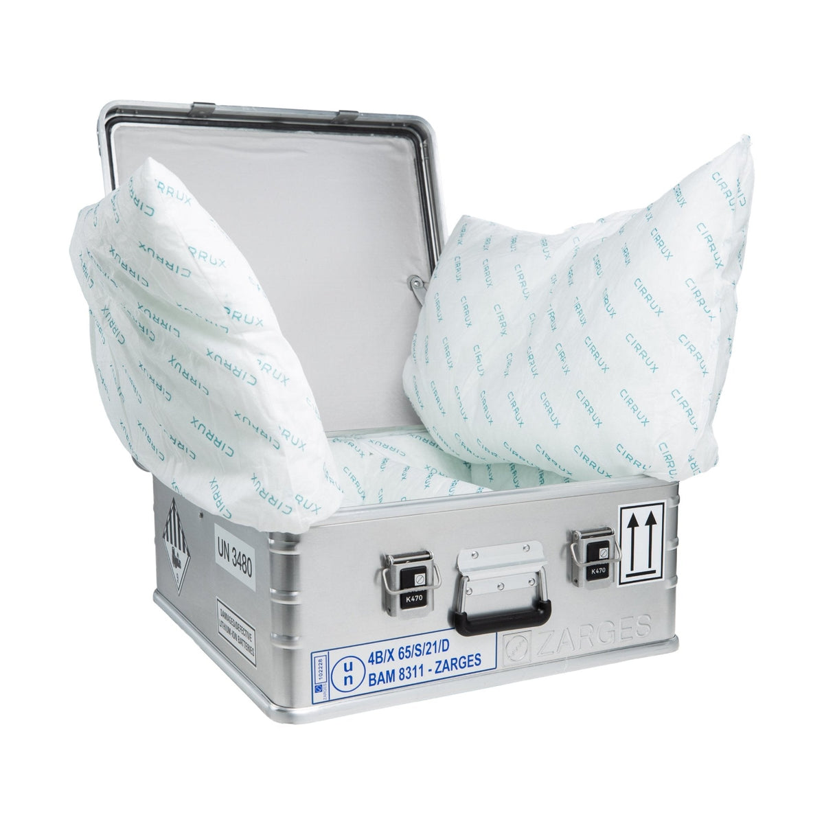 ZARGES C-Series Battery Case-40582 open with white padded liner cushions folded over the sides