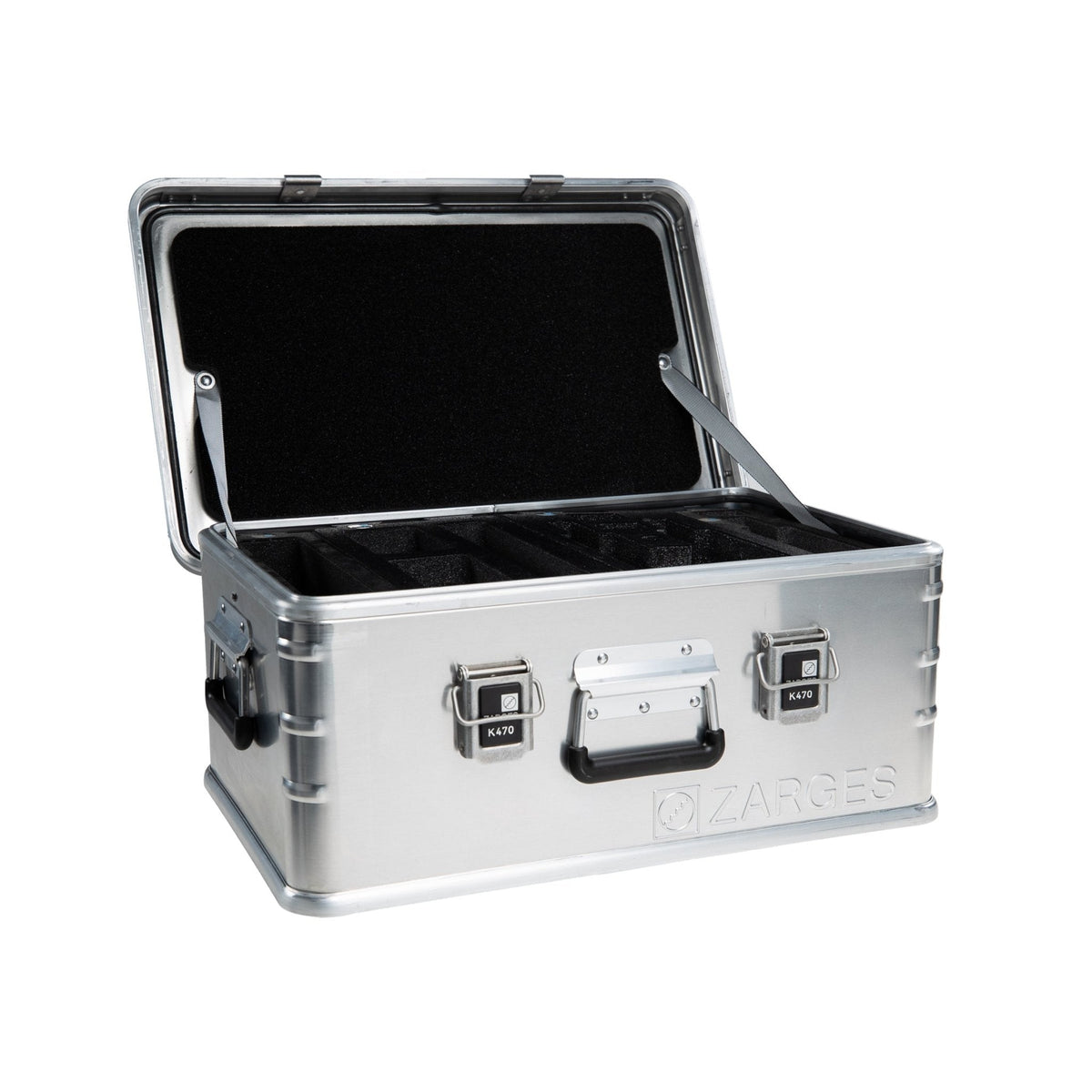 ZARGES Chameleon Case open on its lid stays, empty foam modules set in the base