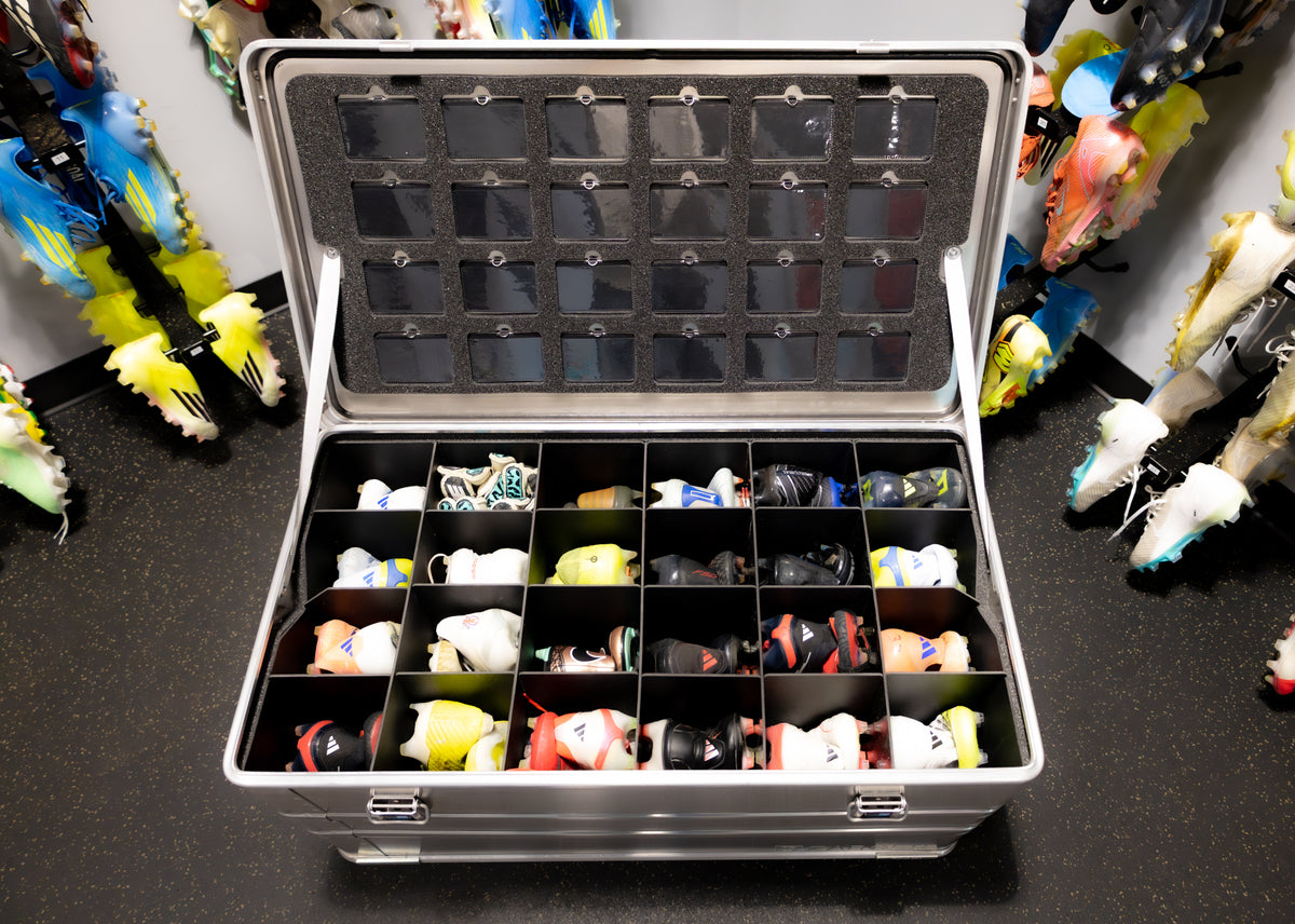 ZARGES Cleat Case from above, dividers holding rows of cleats under a foam-lined lid grid