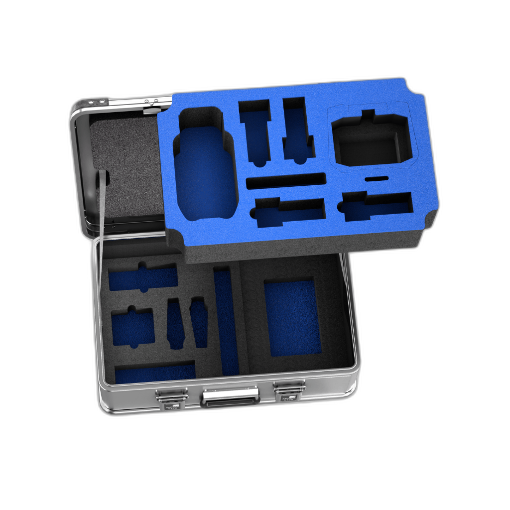 ZARGES Drone Case-DJI Mavic 3/Pro open from above, blue foam insert with cutouts for drone and accessories