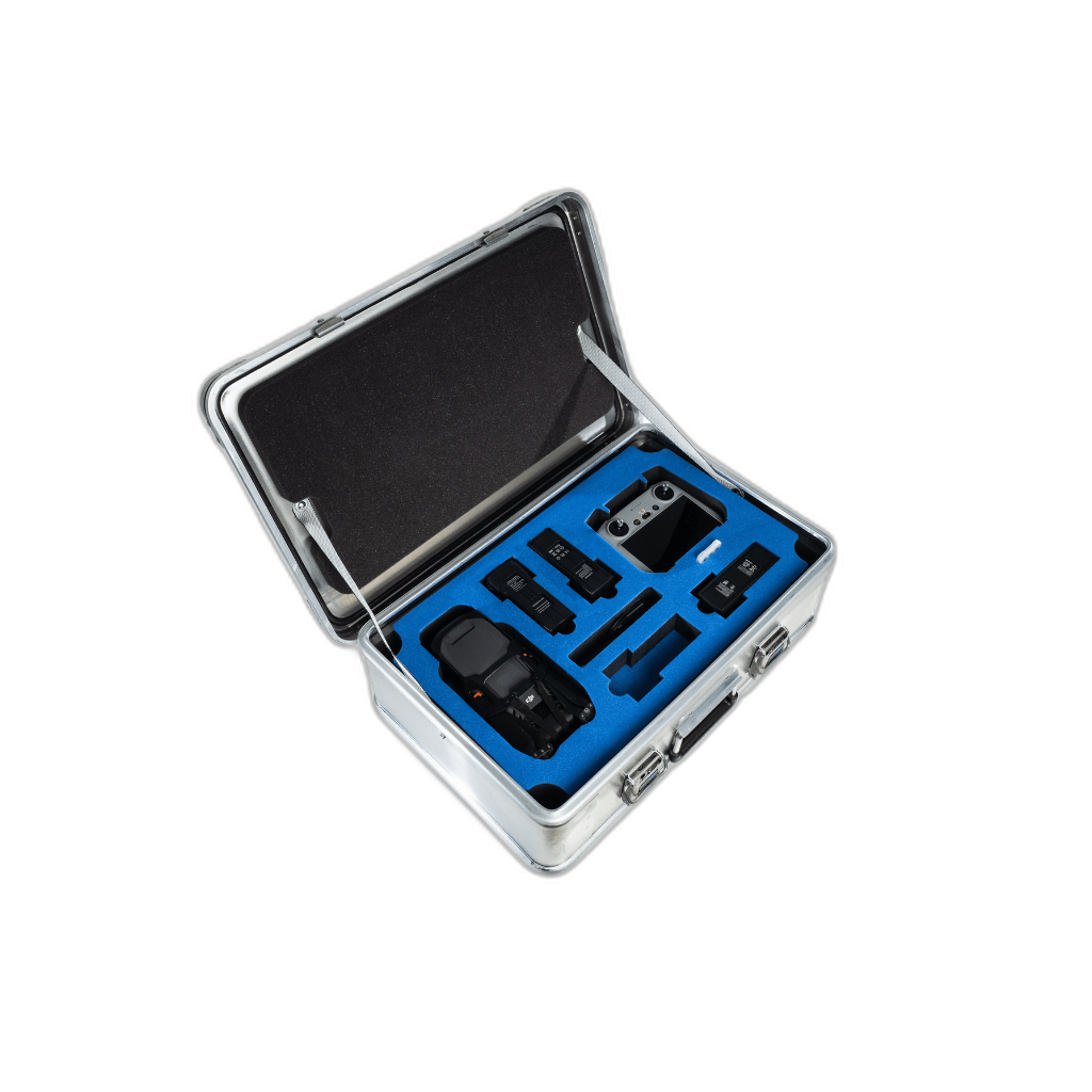 ZARGES Drone Case-DJI Mavic 3/Pro open with drone, controller and batteries set in blue foam