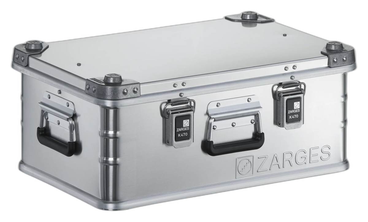ZARGES F-Series Battery Case-6160568, closed, front three-quarter view with center handle and latches