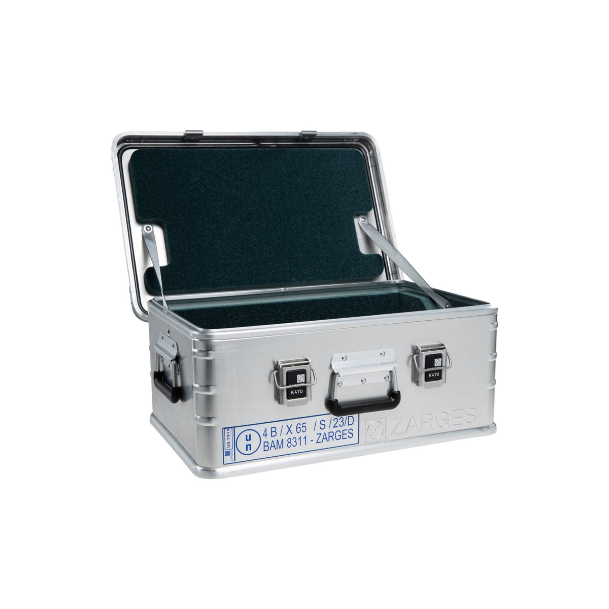 ZARGES F-Series Battery Case-6160568 with lid open, dark foam lining and front marking label