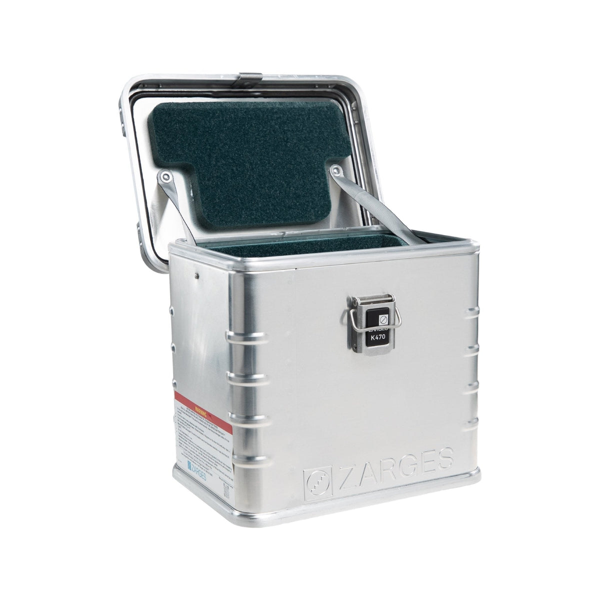 ZARGES F-Series Battery Case-6160677 open, lid and interior lined with dark green padding
