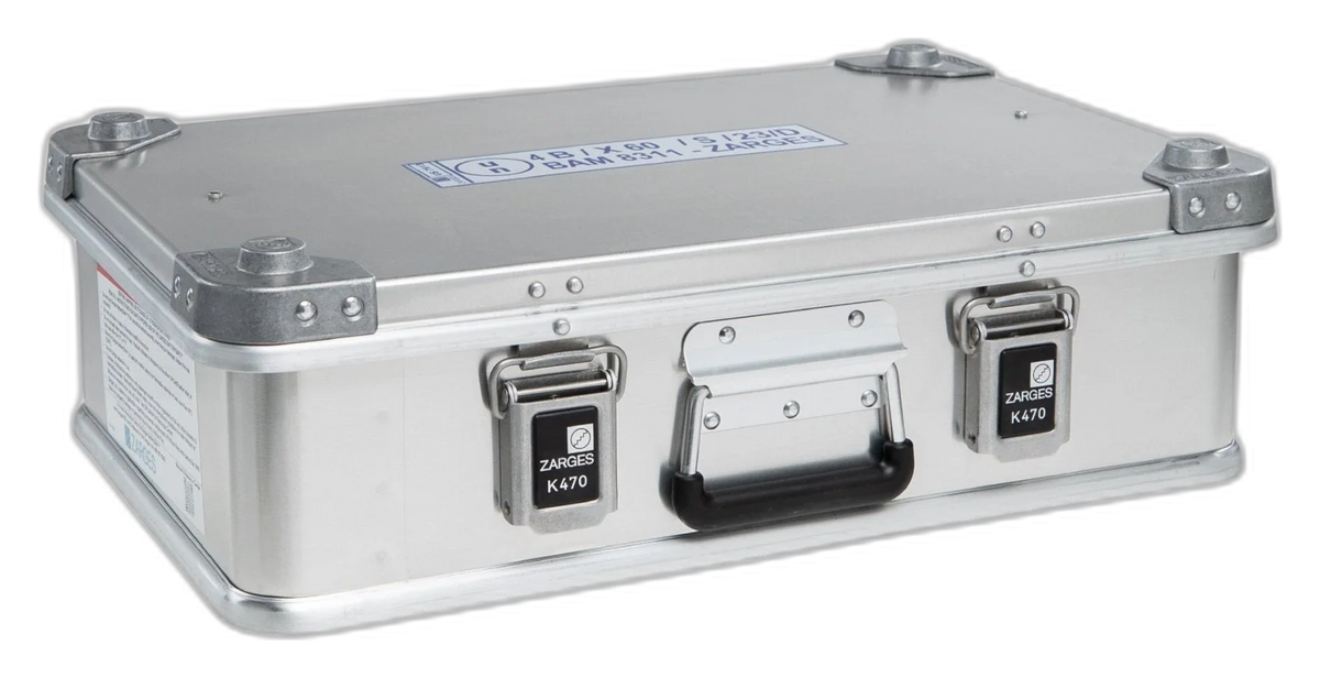 ZARGES F-Series Battery Case-6160810, closed, front view with center handle and two latches