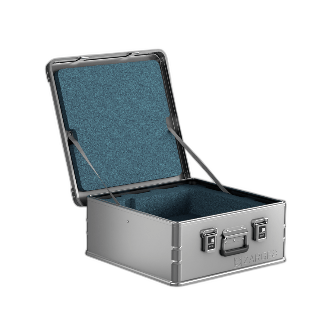ZARGES GetFOIL F-Series 1 Battery Case open with blue-gray foam lining in the lid and base