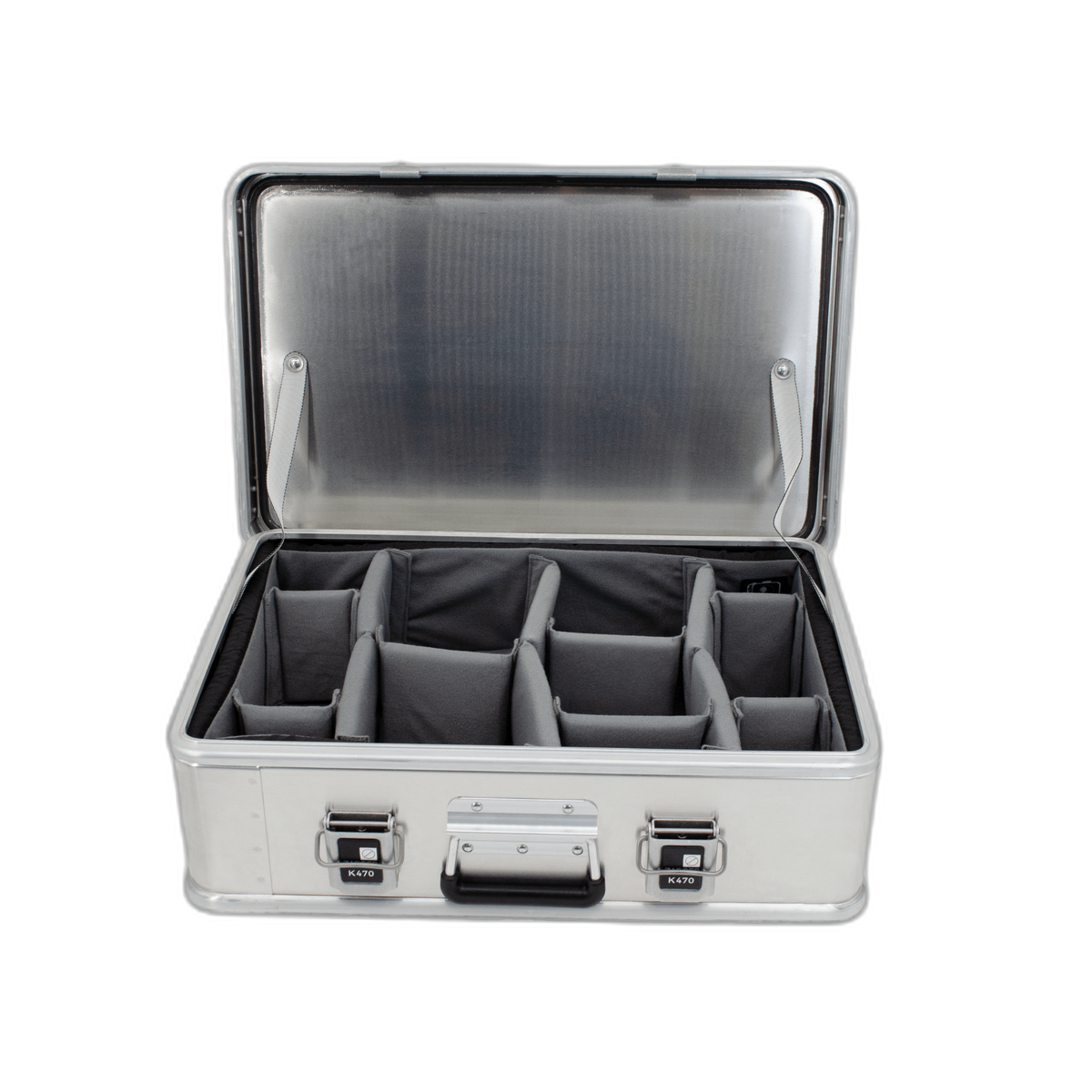 ZARGES aluminum case open from the front with the Interior Divider Set fitted in the base