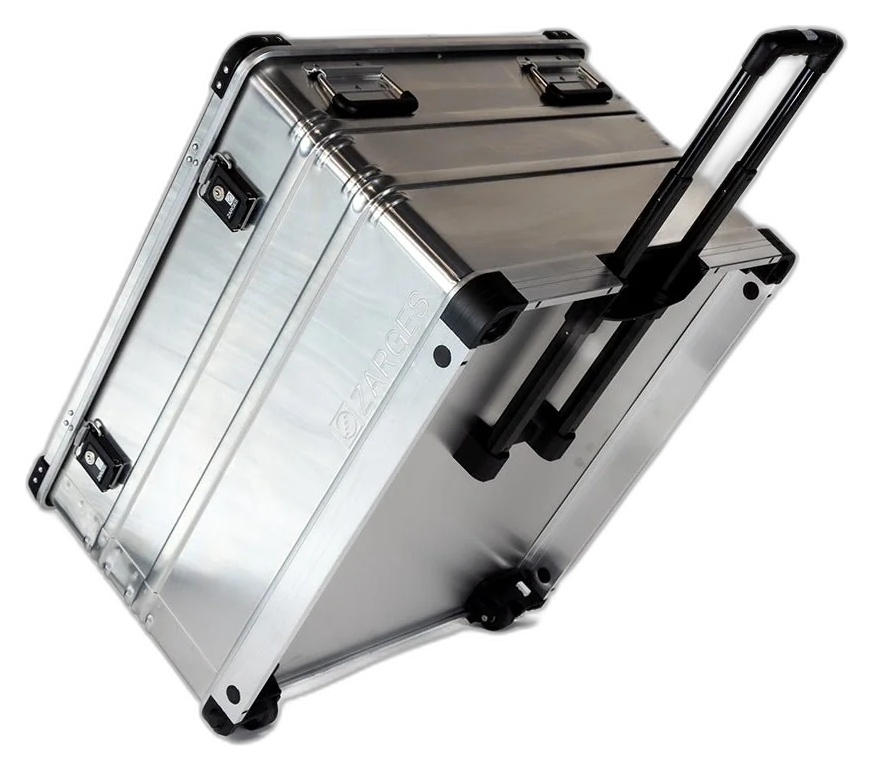 ZARGES K424 XC-41814 aluminum case tipped on its wheels with the telescoping handle extended