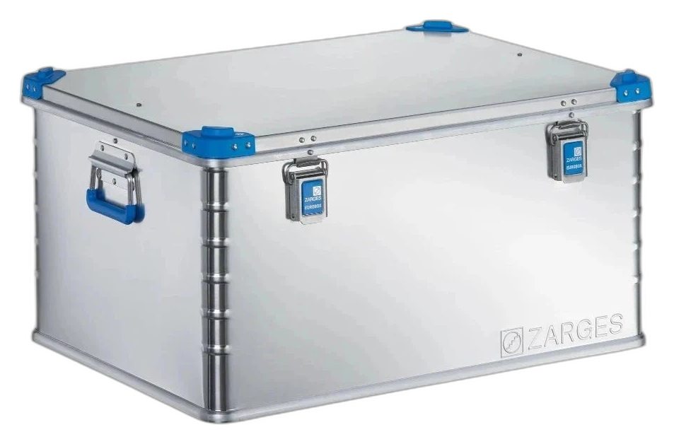 ZARGES K440-40705 aluminum case, closed, with blue corners, handles and latches