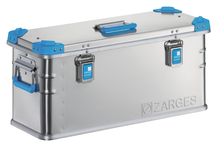 ZARGES K440-40711 aluminum case, closed, with blue corners, handles and latch plates