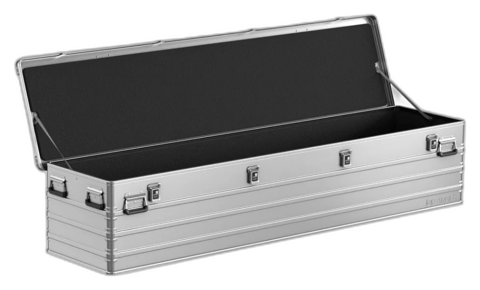 ZARGES K470-31004150 long case open, flat black foam lining the lid and base, no cutouts