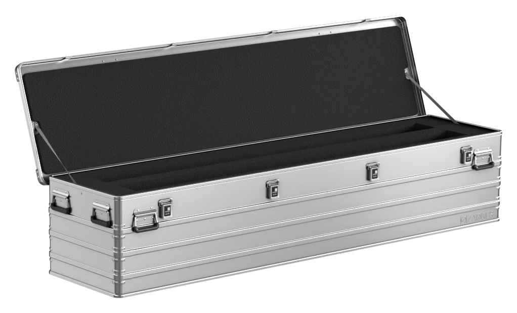 ZARGES K470-31004150 long case open, foam-lined lid and a black foam insert with long channels