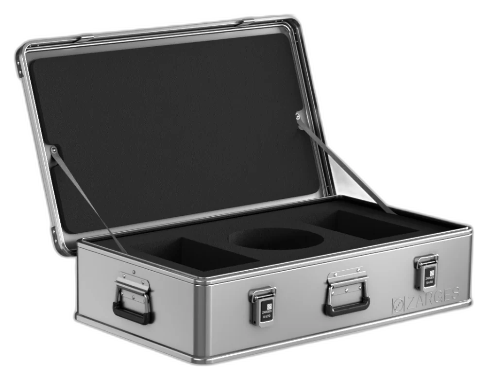 ZARGES K470-31015732 open with a black foam insert cut with a large round pocket