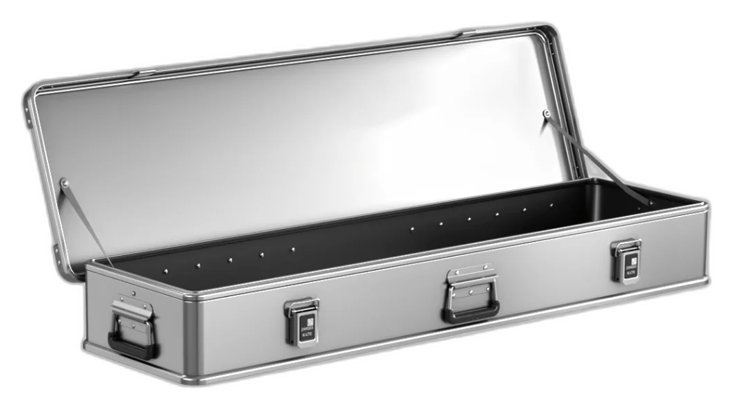 ZARGES K470-31016052 case with lid open, long empty interior and lid stays