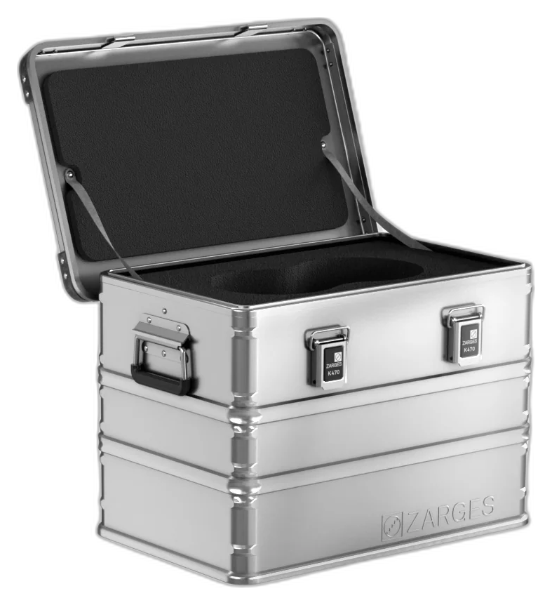 ZARGES K470-40564 case with lid open, black foam lining the lid and a cut-out foam insert in the base