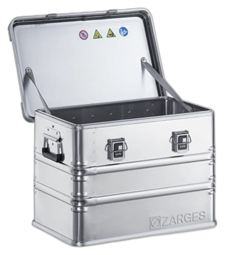 ZARGES K470-40564 aluminum case with lid open on hinge straps, empty interior