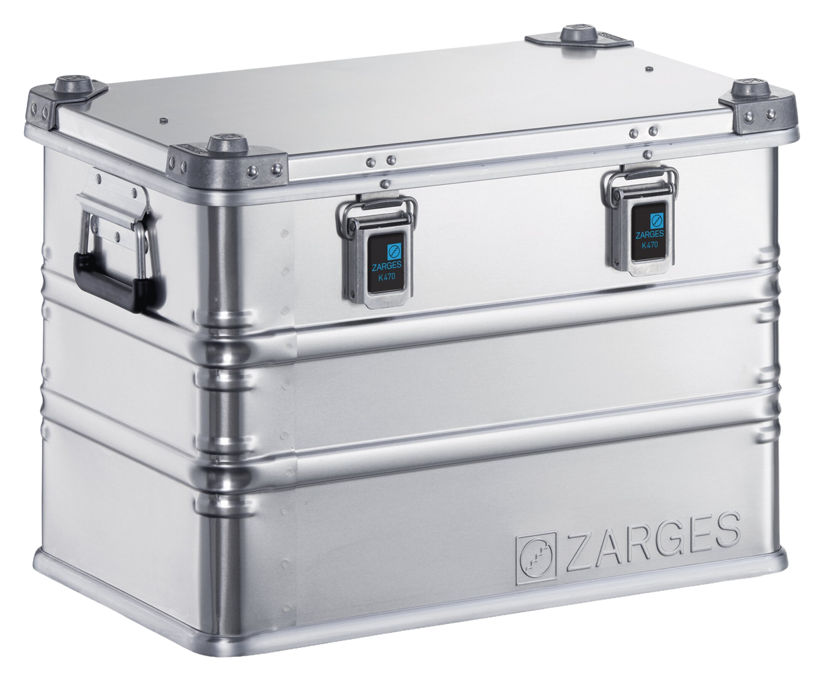 ZARGES K470-40564 aluminum case, closed, front three-quarter view showing latches and side handle