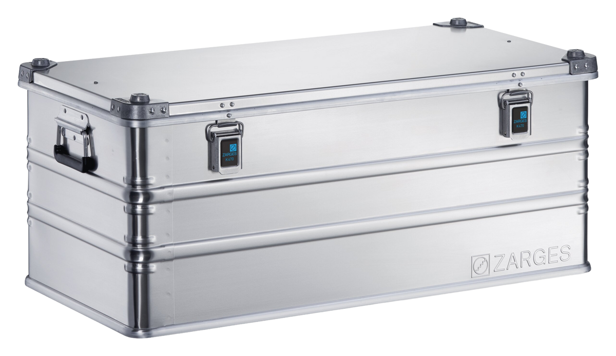 ZARGES K470-40567 aluminum case, closed, front view with two latches and side handle