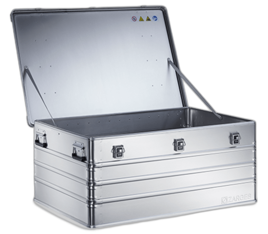 ZARGES K470-40580 case with lid open, empty interior and lid stays
