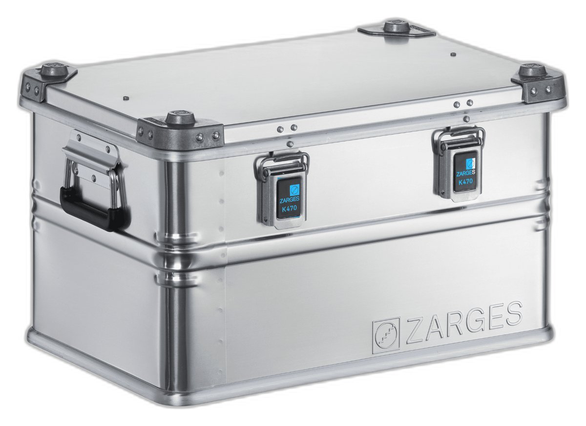 ZARGES K470-40678 aluminum case, closed, front three-quarter view with latches and side handle