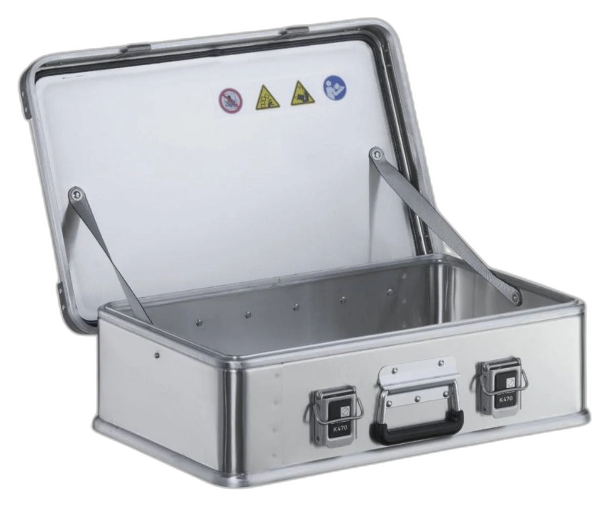 ZARGES K470-40810 aluminum case open and empty, lid held by two stays