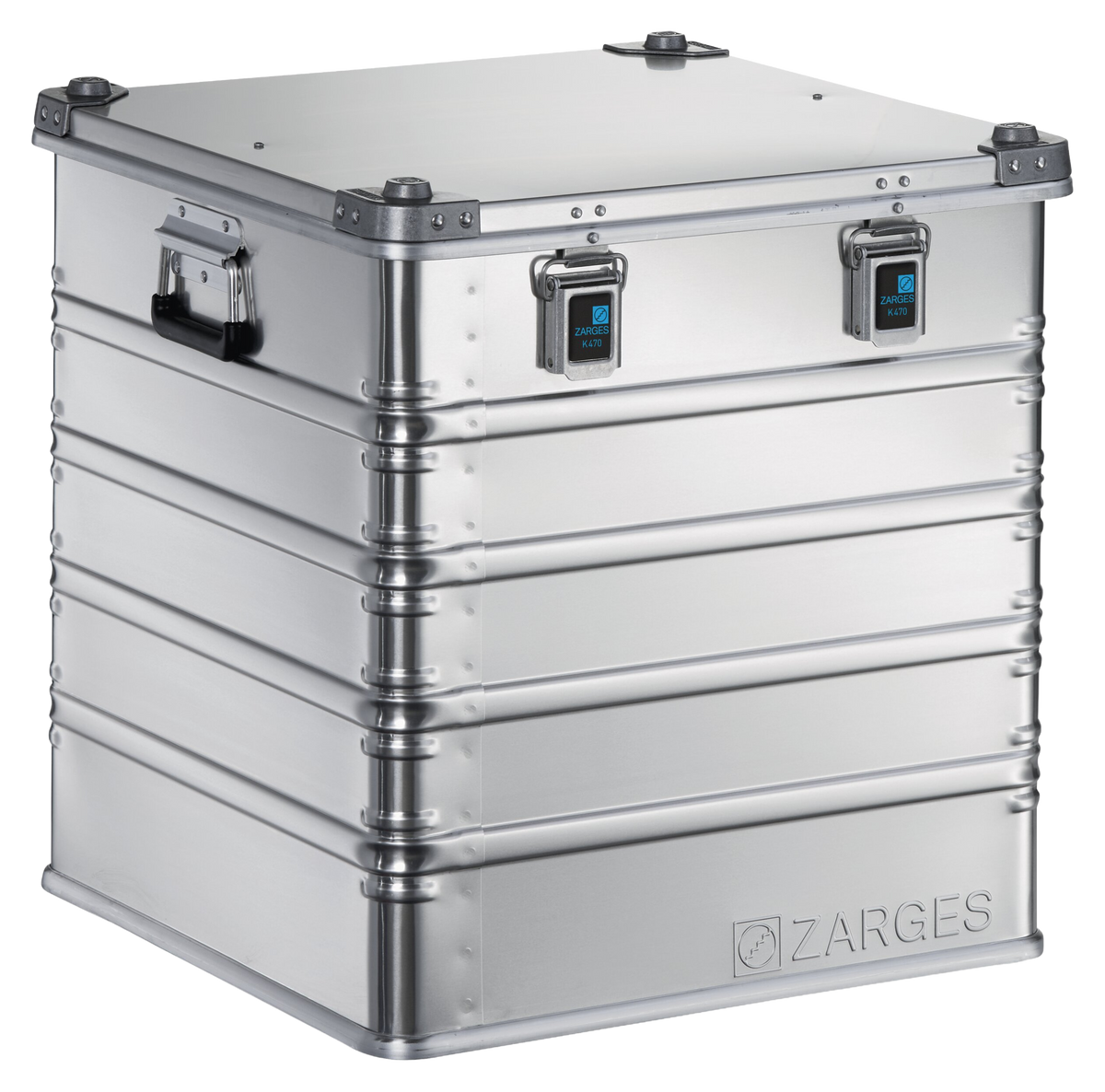 ZARGES K470-40836 tall aluminum case, closed, front three-quarter view with latches and side handle