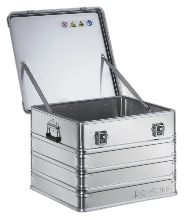 ZARGES K470-40839 aluminum case open and empty, lid propped on two stays