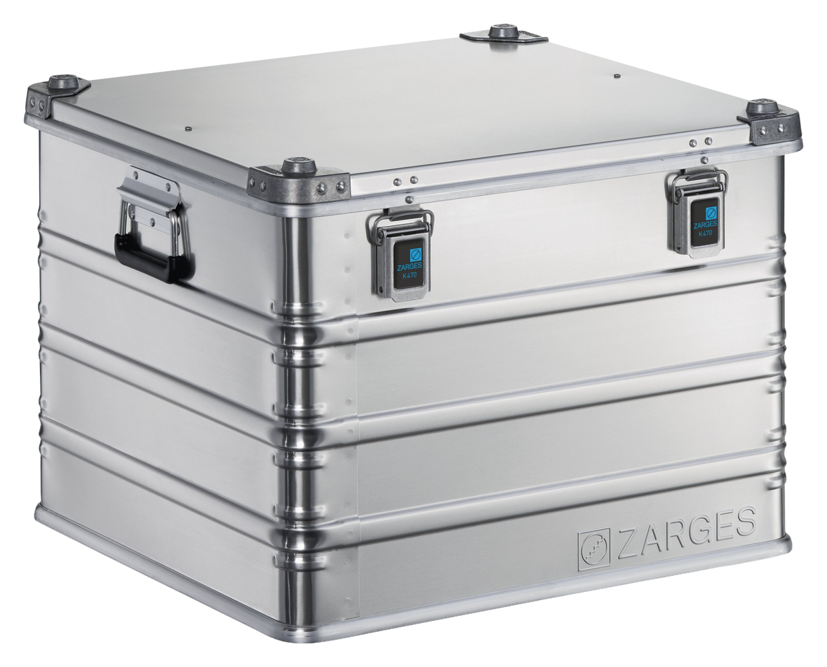 ZARGES K470-40839 aluminum case, closed, front three-quarter view of the tall ribbed body