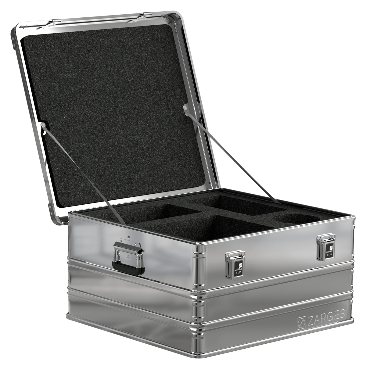 ZARGES K470-40842 aluminum case open, black foam insert with cutouts, lid held up by support stays
