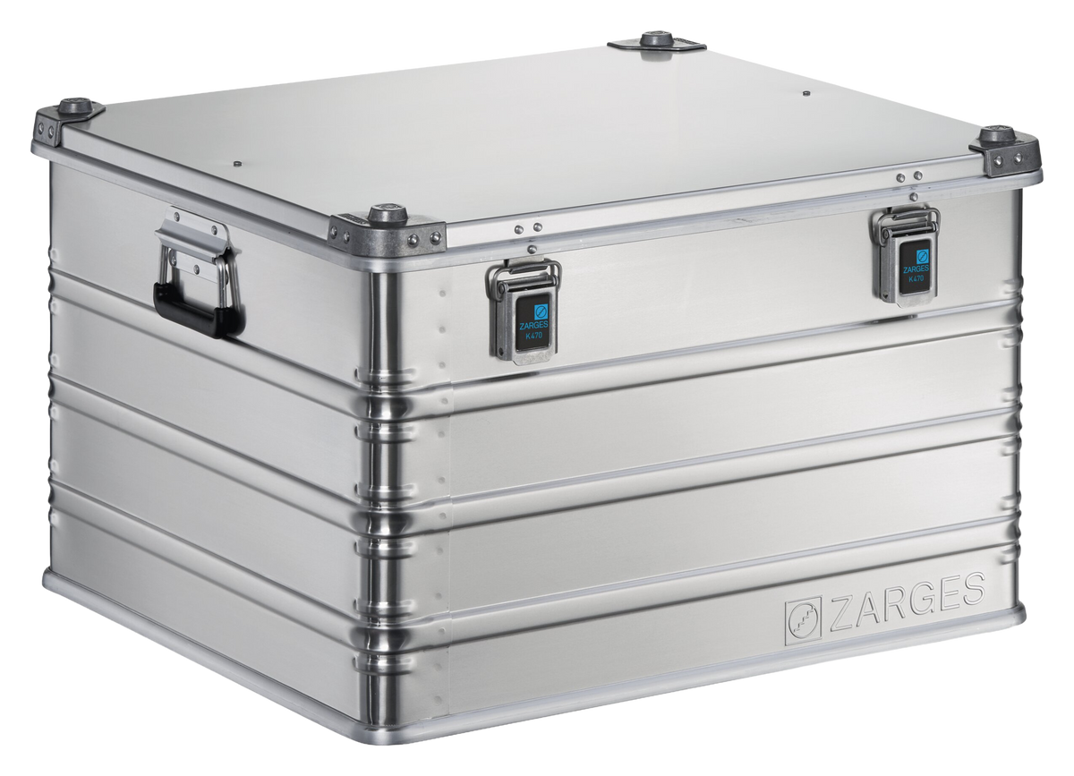 ZARGES K470-40843 aluminum case, closed, front three-quarter view with latches and side handle