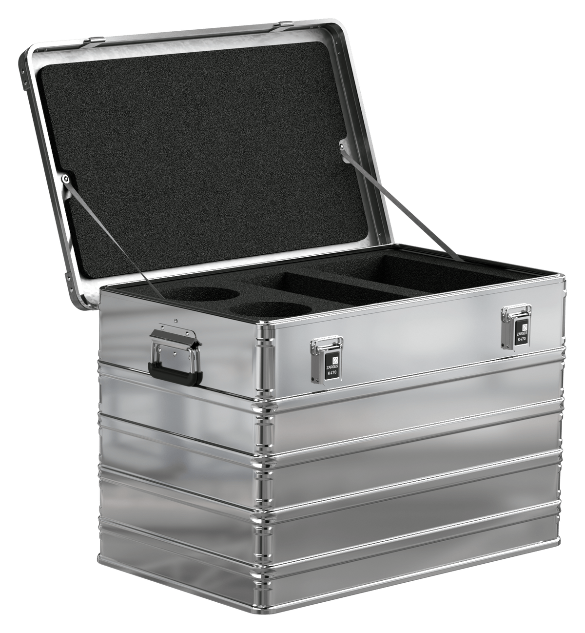 ZARGES K470-40844 case open, black foam insert cut for round and rectangular items