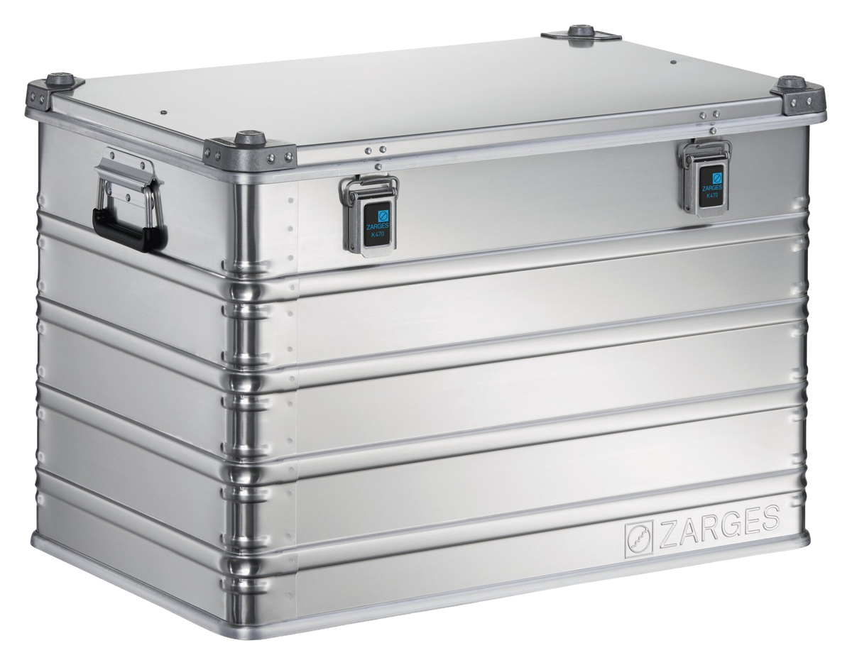 ZARGES K470-40844 tall aluminum case, closed, front three-quarter view